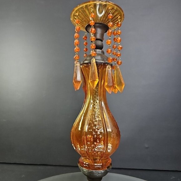 Vintage Candlestick Holder With Amber Glass And Plastic Beads 12 Inches Tall - Picture 1 of 8